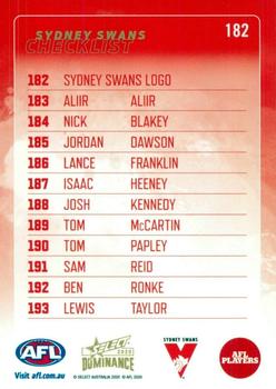 2020 Select Dominance #182 Sydney Swans Back